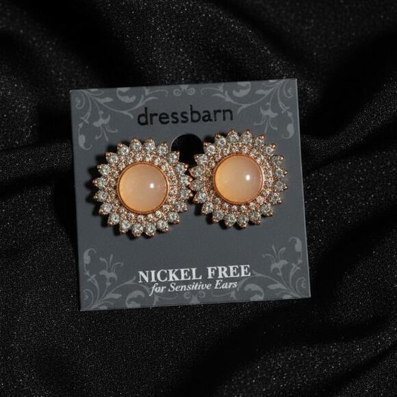 Dress Barn New Earrings Pierced Pink Cat Eye Center Rhinestones Rose Gold - Picture 1 of 6